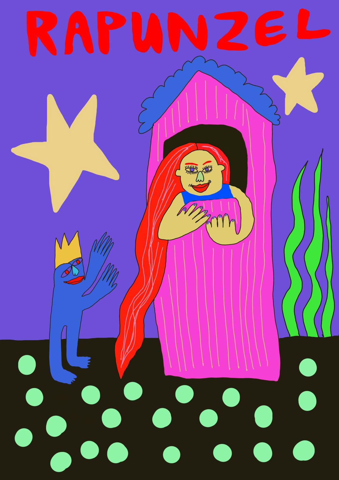 Ein Mädchen in einem Turm lässt sein sehr langes Haar herunter. Am Fuß des Turms steht eine Person mit Krone auf dem Kopf.