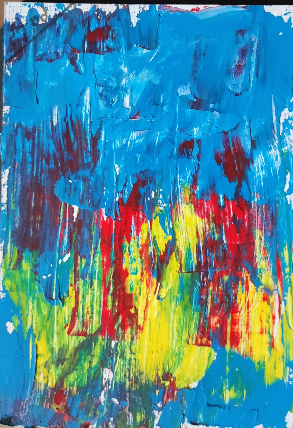 Abstrakte Malerei, in der die Farben Hellblau, Rot und Gelb dominieren.