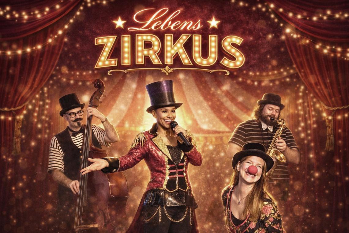 Eine Band in Zirkus-Kleidung spielt in einem Zirkus-Zelt.