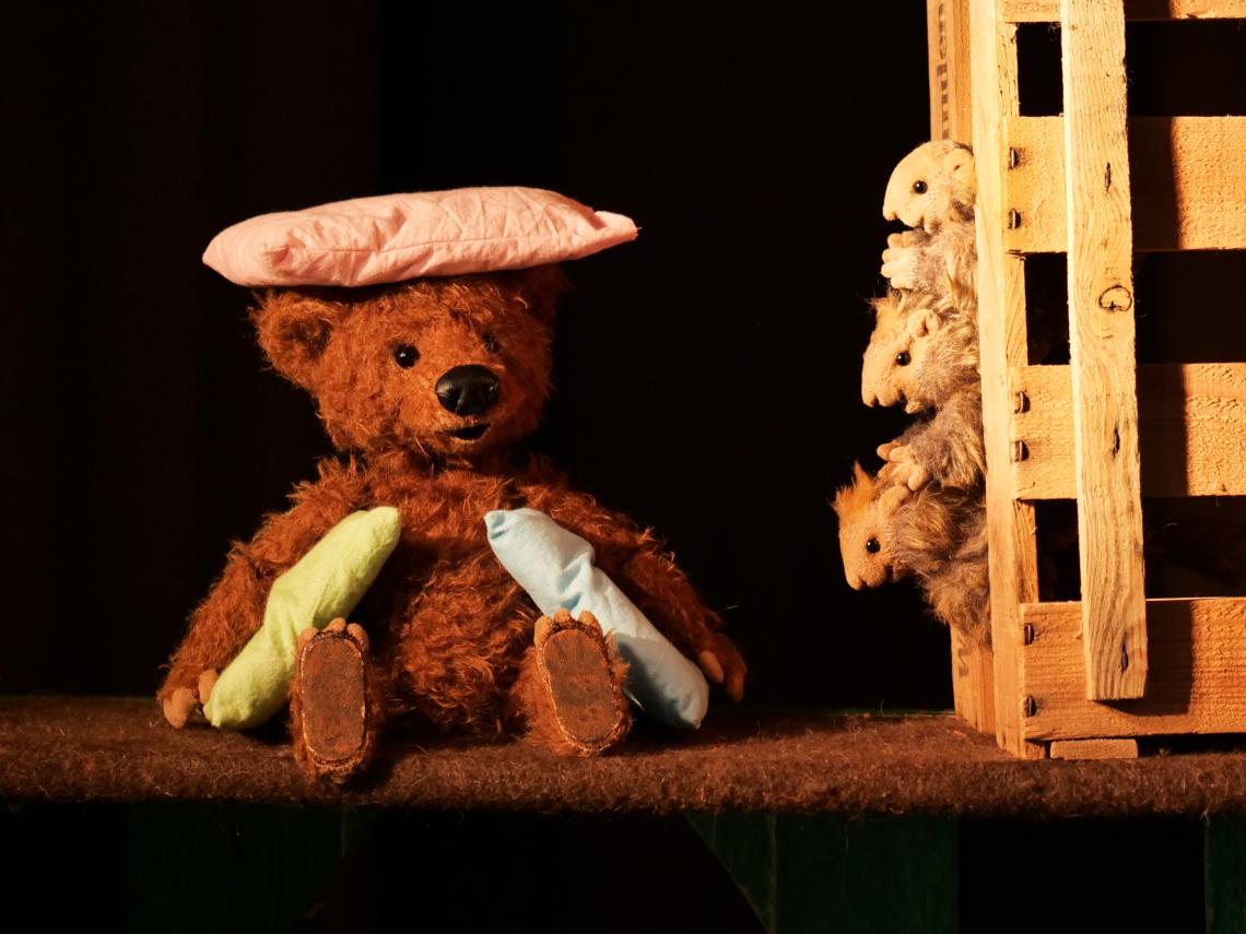 Eine Bärenpuppe mit einem Kissen auf dem Kopf. Foto: Albert Kapfhammer