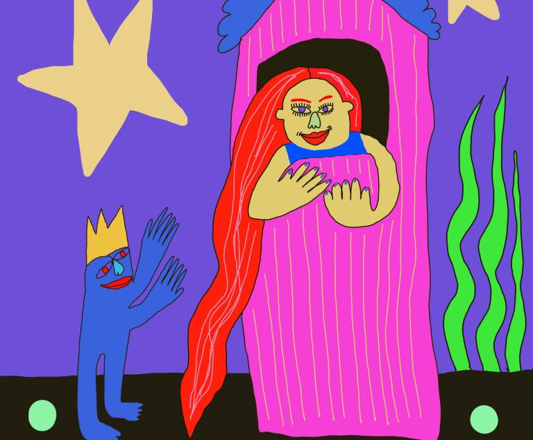 Ein Mädchen in einem Turm lässt sein sehr langes Haar herunter. Am Fuß des Turms steht eine Person mit Krone auf dem Kopf.