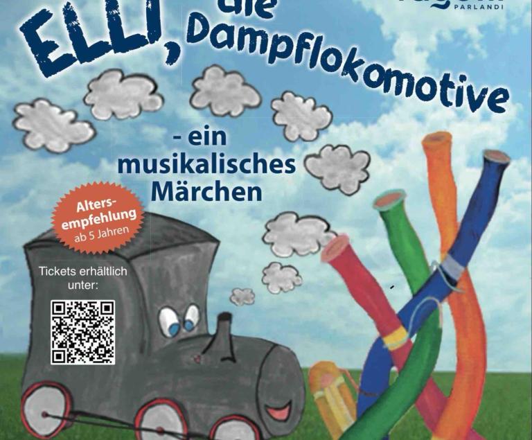 Eine Dampflokomotive fährt an fünf bunten Fagotten vorbei.